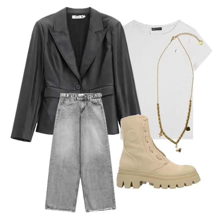 Outfit donna - Happy weekend. Stile Casual per Tutti i giorni. Abbinamento con stivaletti, blazer, jeans, ciondoli, t-shirt.