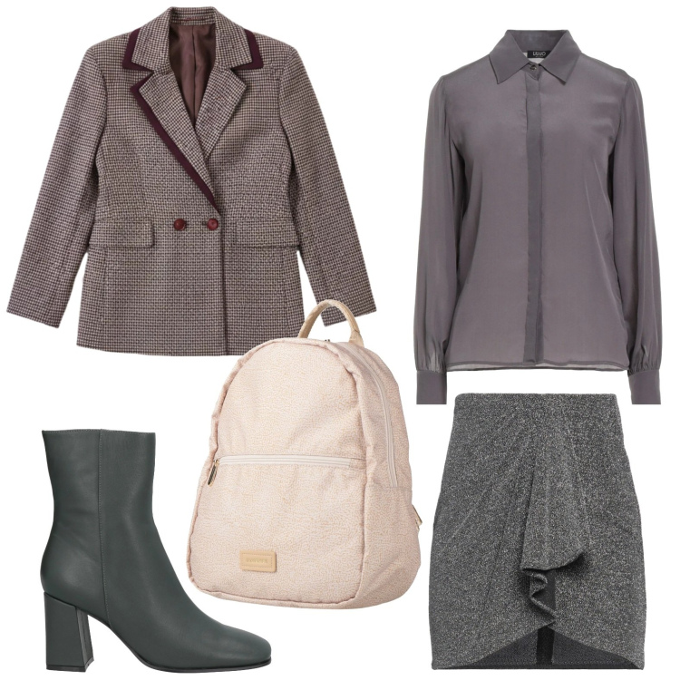 Outfit donna - La gonna geometrica. Stile Urban per Tutti i giorni. Abbinamento con zaini, minigonne, camicie, stivaletti, blazer.