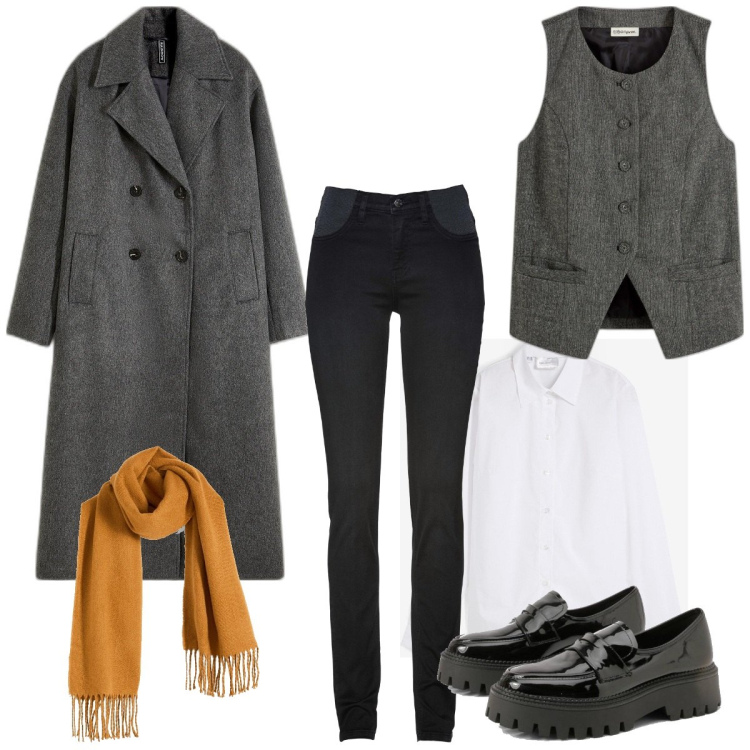 Outfit femme - Style complet. Style Tendance pour Tous les jours. Assortir avec jeans, chemisiers, manteaux, écharpes, gilets sans manche, mocassins.
