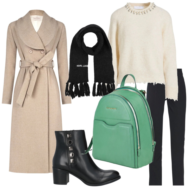 Outfit donna - Il capospalla sofisticato. Stile Chic per Scuola/Università. Abbinamento con stivaletti, pantaloni, zaini, pullovers, sciarpe, cappotti.