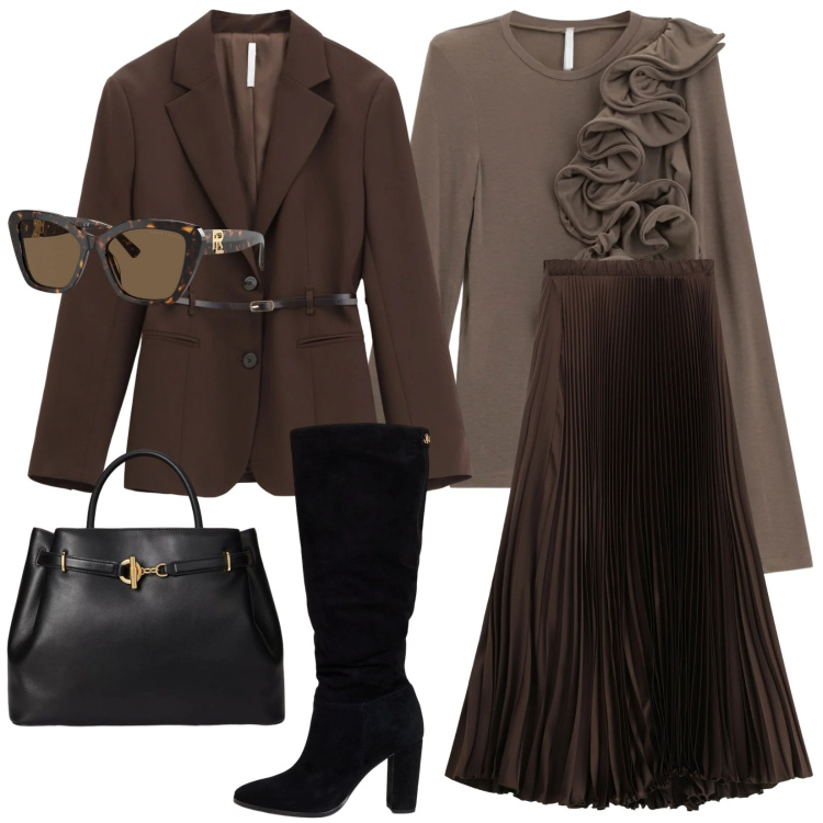 Outfit donna - Look ricercato in saldo. Stile Sporty chic per Ufficio. Abbinamento con t-shirt, blazer, gonne lunghe, occhiali da sole, borse a mano, stivali.