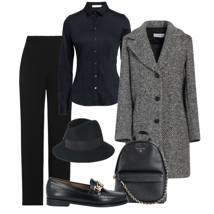 Outfit donna - Black mannish chic. Stile Mannish per Tutti i giorni. Abbinamento con cappotti, pantaloni, camicie, zaini, cappelli, mocassini.
