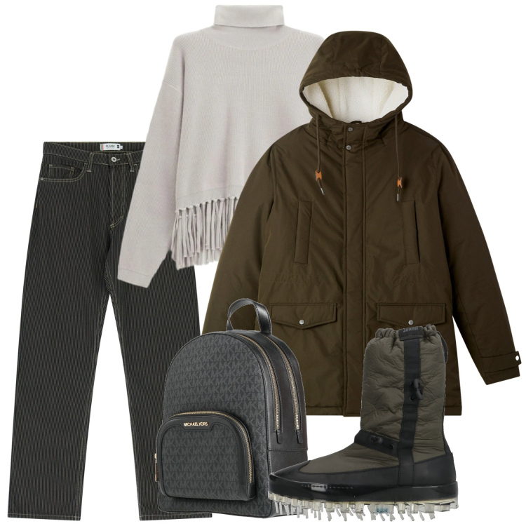 Outfit donna - Confortevole sotto la neve - Focus Donna. Stile Casual per Tutti i giorni. Abbinamento con stivaletti, zaini, parka, maglieria, pantaloni.