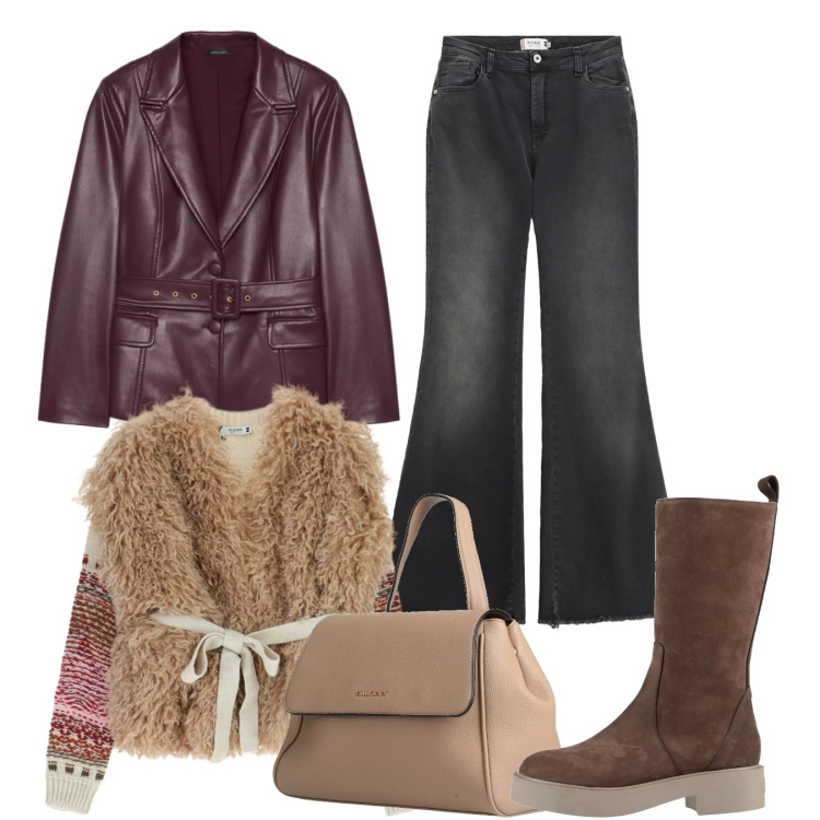 Outfit donna - Total look. Stile Casual per Tutti i giorni. Abbinamento con zaini, stivali, maglieria, jeans a zampa, blazer.