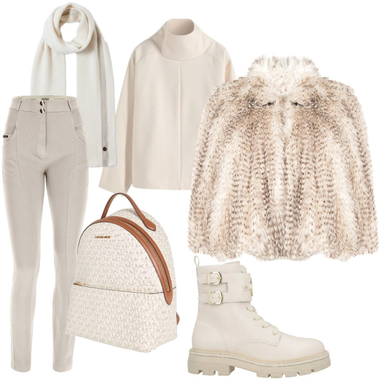 Outfit donna - Come una nuvola. Stile Casual chic per Tutti i giorni. Abbinamento con maglieria, anfibi, zaini, pantaloni skinny, ecopellicce, sciarpe.