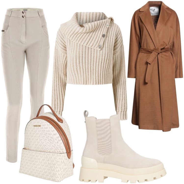 Outfit donna - Dolce e raffinata. Stile Glamour per Ufficio. Abbinamento con zaini, cappotti, stivaletti chelsea, pantaloni skinny, maglieria.