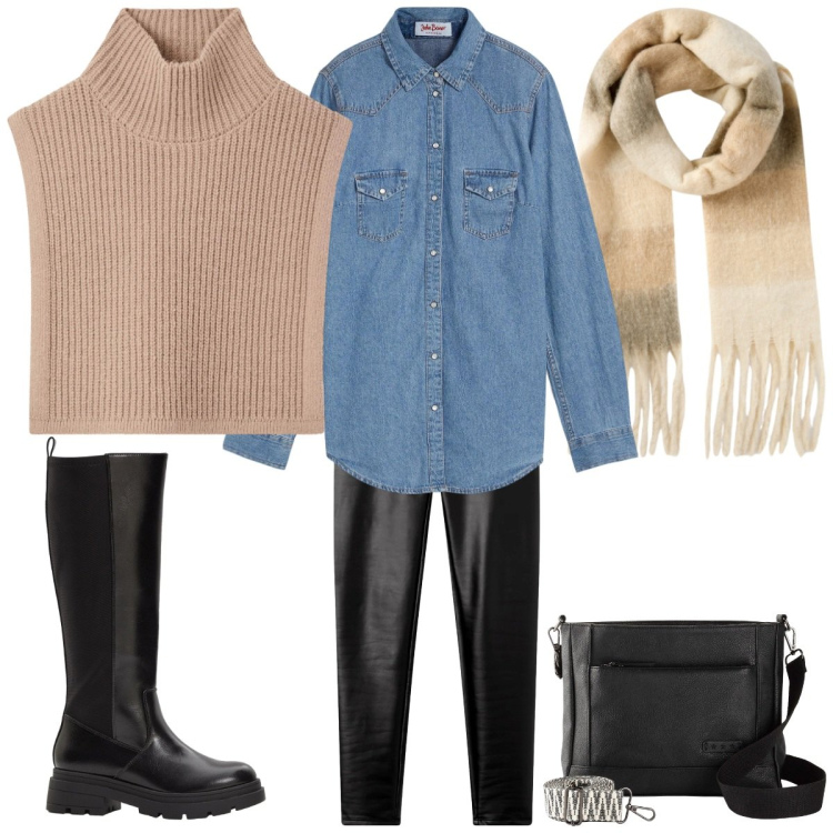 Outfit donna - Total look #2319197. Stile Casual per Tutti i giorni. Abbinamento con borse a tracolla, camicie, stivali, cappotti, leggings, sciarpe.