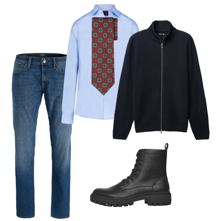 Outfit uomo - Gennaio. Stile Casual per Tutti i giorni. Abbinamento con jeans, anfibi, cardigans, camicie, cravatte.