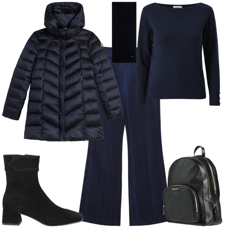 Outfit donna - Trendy ogni giorno in blu. Stile Trendy per Tutti i giorni. Abbinamento con stivaletti, zaini, pullovers, pantaloni, sciarpe, piumini.