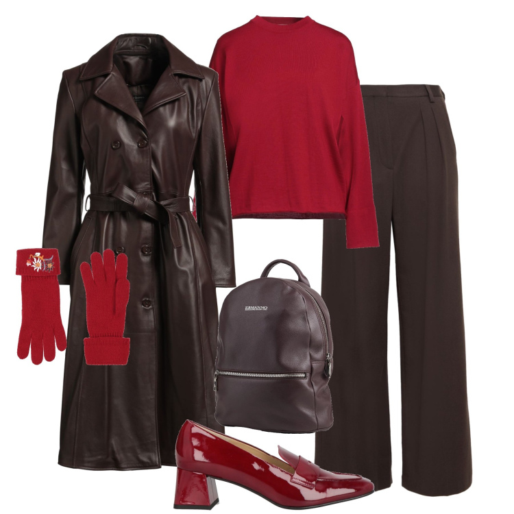 Outfit donna - Choco Cherry al lavoro. Stile Casual chic per Ufficio. Abbinamento con pantaloni, guanti, mocassini, cappotti, zaini, pullovers.