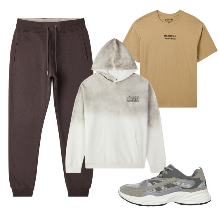 Outfit uomo - Valerio: il comodo.. Stile Trendy per Tutti i giorni. Abbinamento con t-shirt, sneakers, pantaloni, felpe con cappuccio.