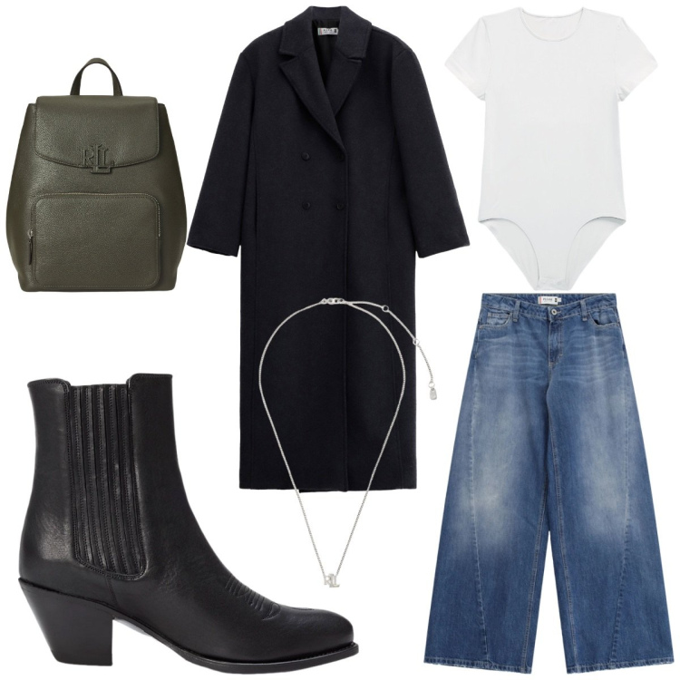 Outfit donna - Total look #2319226. Stile Trendy per Tutti i giorni. Abbinamento con cappotti, jeans, body, ciondoli, zaini, stivaletti texani.