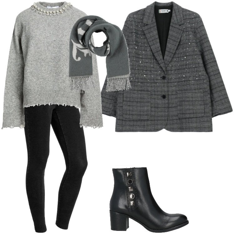 Outfit donna - Total look #2319227. Stile Trendy per Serata fuori. Abbinamento con pullovers, stivaletti, sciarpe, blazer, jeggings.