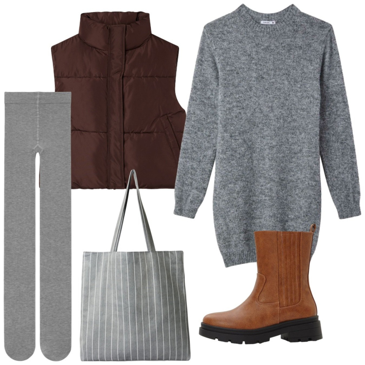 Outfit donna - Total look. Stile Casual per Tutti i giorni. Abbinamento con stivaletti chelsea, shopping bag, piumini, collant, vestiti corti.