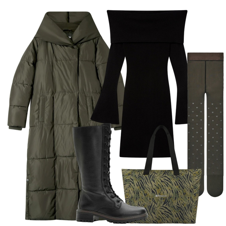 Outfit donna - Total cold. Stile Chic per Tutti i giorni. Abbinamento con stivali, vestiti corti, collant, cappotti, shopping bag.