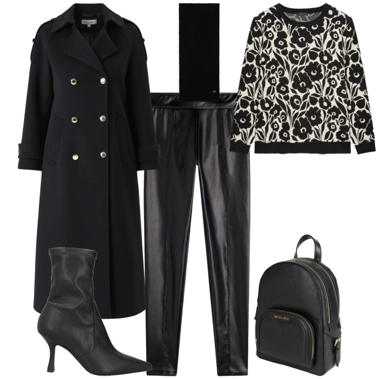 Outfit donna - Trendy nero e bianco serata. Stile Trendy per Serata fuori. Abbinamento con stivaletti, zaini, cappotti, treggings, sciarpe, maglieria.