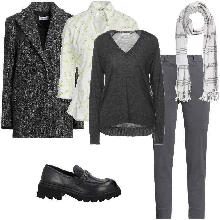 Outfit donna - Total look #2319232. Stile Trendy per Ufficio. Abbinamento con sciarpe, mocassini, pantaloni skinny, pullovers, camicie, cappotti.
