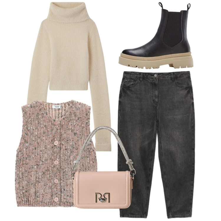 Outfit donna - Total look. Stile Casual per Tutti i giorni. Abbinamento con stivaletti chelsea, maglieria, gilet, borse a mano, jeans mom.