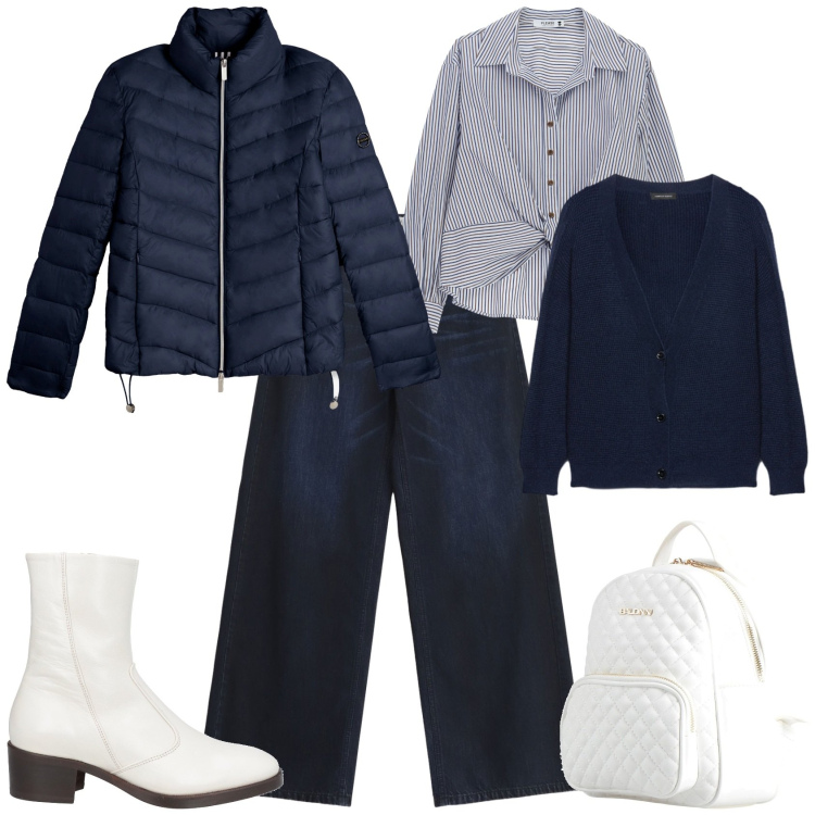 Outfit donna - Trendy week end. Stile Trendy per Tutti i giorni. Abbinamento con stivaletti, zaini, camicie, jeans, piumini, cardigans.