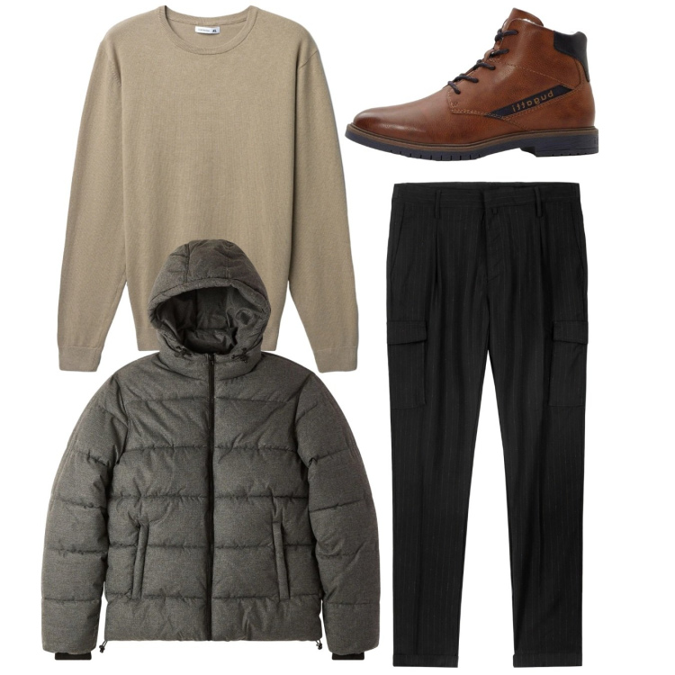 Outfit uomo - Total look. Stile Casual per Tutti i giorni. Abbinamento con anfibi, bomber, maglieria, pantaloni cargo.