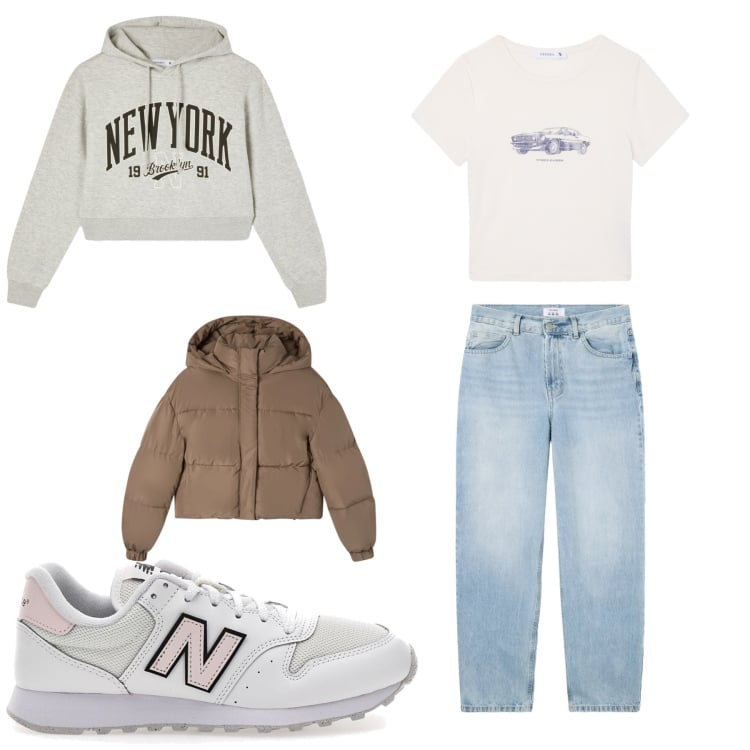 Outfit donna - Every day. per Tutti i giorni. Abbinamento con felpe con cappuccio, t-shirt, bomber, jeans dritti, sneakers.