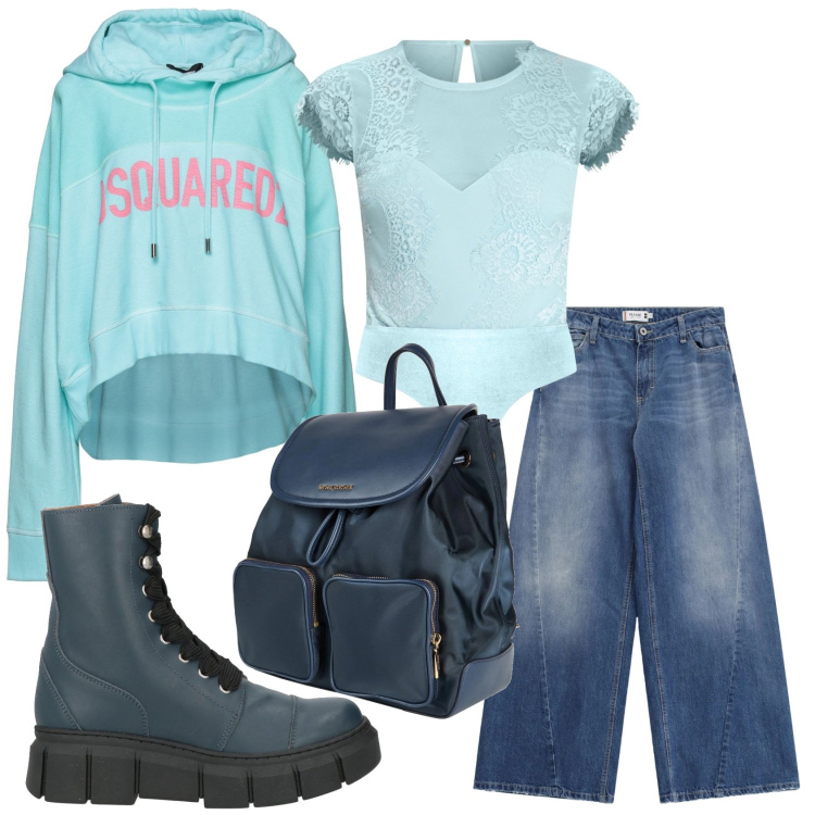 Outfit donna - Total look #2319251. Stile Casual per Tutti i giorni. Abbinamento con stivaletti, felpe con cappuccio, zaini, jeans, top.