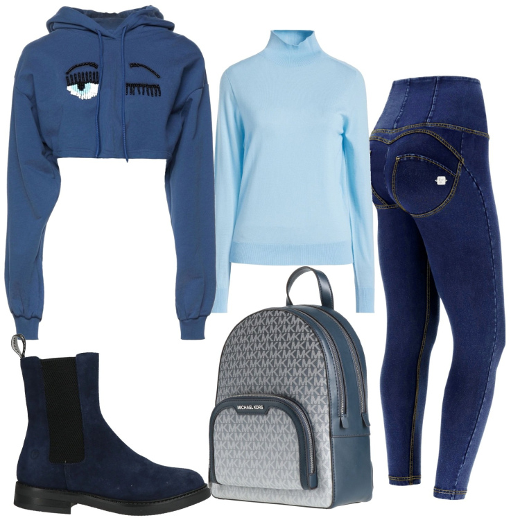 Outfit donna - Total look #2319252. Stile Casual per Tutti i giorni. Abbinamento con stivaletti chelsea, maglieria, zaini, felpe con cappuccio, jeggings.