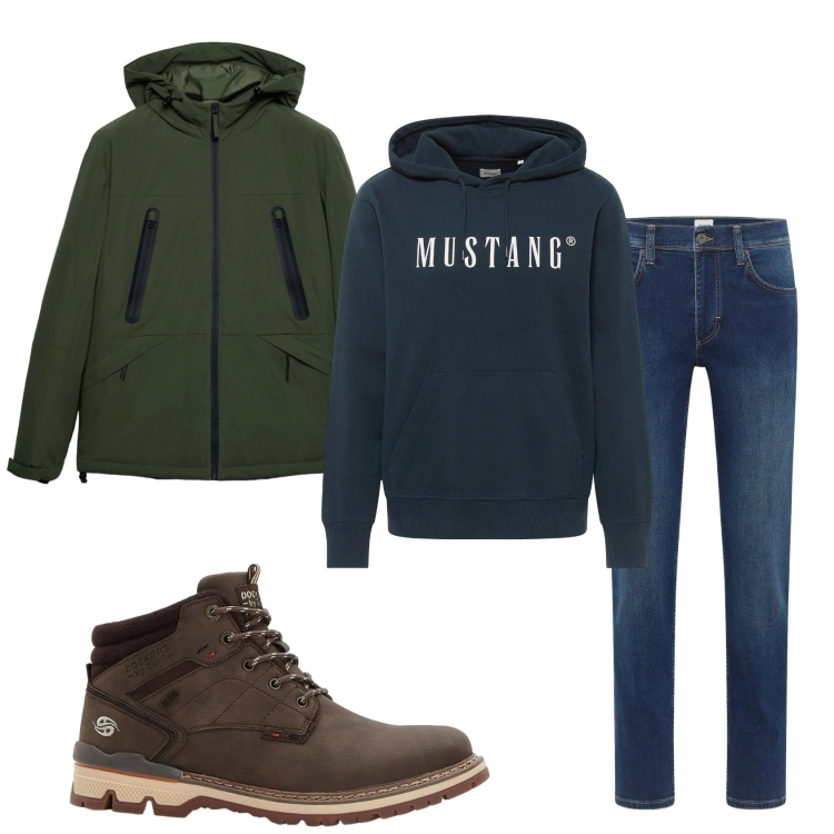 Outfit uomo - Total look #2319253. Stile Casual per Tutti i giorni. Abbinamento con jeans dritti, felpe con cappuccio, stivali e stivaletti, giacche.