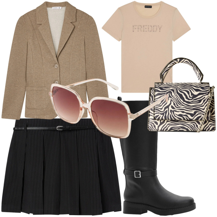 Outfit donna - Total look #2319257. Stile Casual per Tutti i giorni. Abbinamento con occhiali da sole, stivali, minigonne, blazer, borse a tracolla, t-shirt.