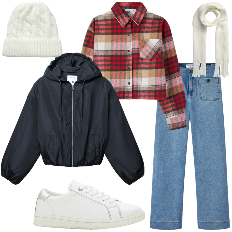 Outfit donna - Gennaio. Stile Casual per Scuola/Università. Abbinamento con sneakers, camicie, bomber, berretti, jeans, sciarpe.