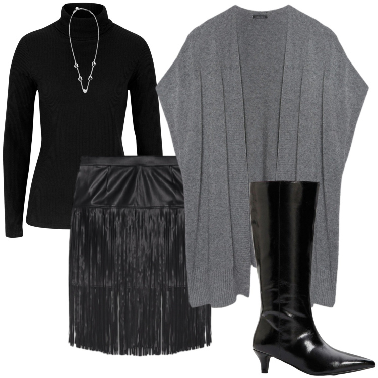 Outfit donna - Gonna con le frange. Stile Glamour per Serata fuori. Abbinamento con maglieria, stivali, collane, minigonne, gilet.