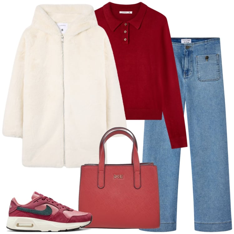 Outfit donna - Ecopelliccia sportiva. Stile Casual per Scuola/Università. Abbinamento con cappotti, polo, jeans, sneakers, borse a tracolla.