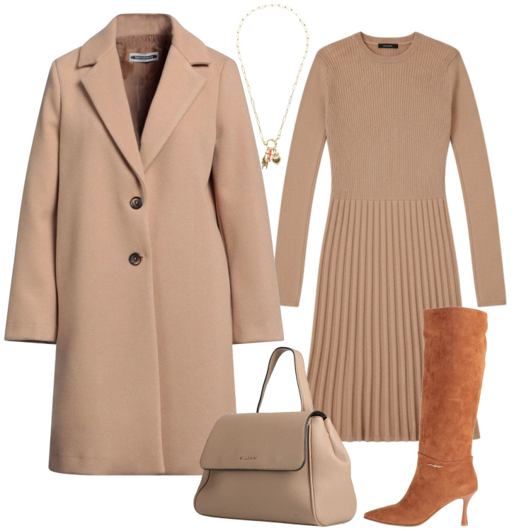 Outfit donna - Monocromatico. Stile Casual chic per Serata fuori. Abbinamento con cappotti, stivali, zaini, vestiti corti, ciondoli.