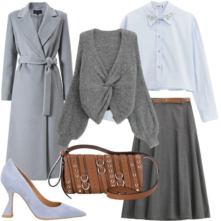 Outfit donna - Rientro alla routine con stile. Stile Romantica per Ufficio. Abbinamento con décolleté, gonne lunghe, cardigans, camicie, cappotti, borse a spalla.
