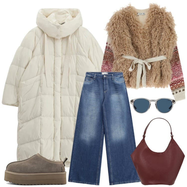 Outfit donna - Denim sotto zero. Stile Casual per Tutti i giorni. Abbinamento con maglieria, jeans, piumini, occhiali da sole, borse a spalla, sabot.