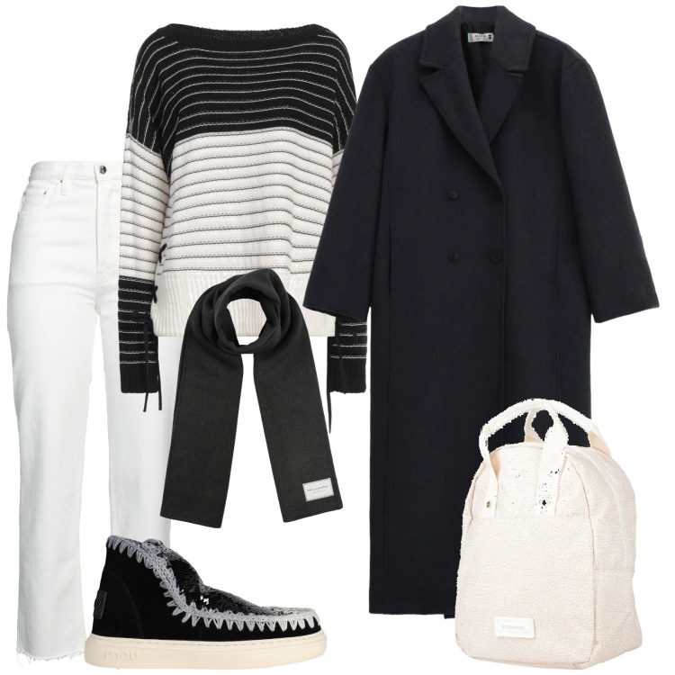 Outfit donna - Total look #2319277. Stile Urban per Tutti i giorni. Abbinamento con pullovers, stivaletti, zaini, jeans dritti, sciarpe, cappotti.