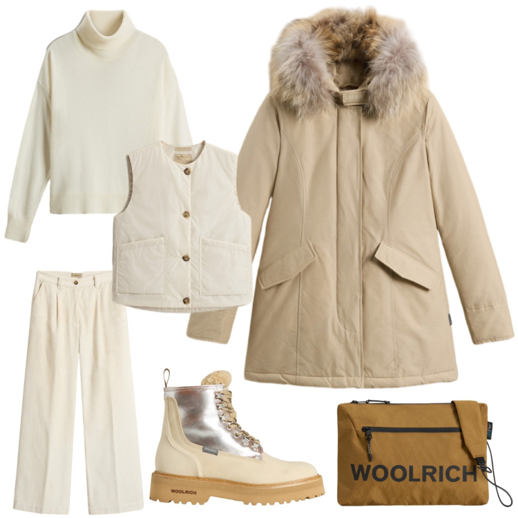 Outfit donna - White easy. Stile Casual per Tutti i giorni. Abbinamento con parka, borse a tracolla, anfibi, maglieria, pantaloni, gilet.