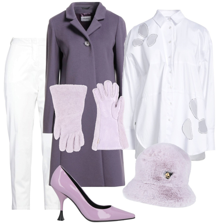 Outfit donna - Una camicia particolare. Stile Trendy per Ufficio. Abbinamento con cappelli, camicie, pantaloni, guanti, cappotti, décolleté.