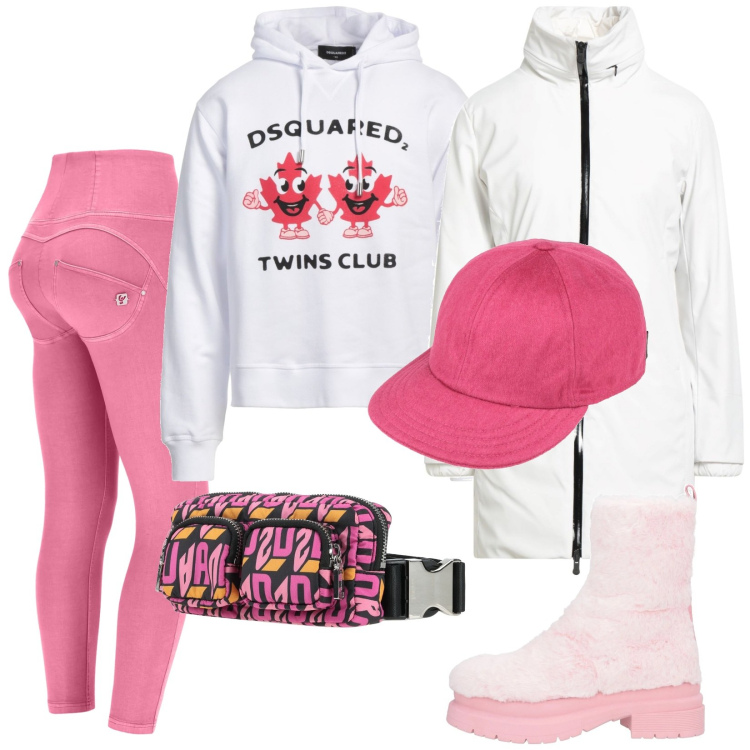 Outfit donna - Gennaio in rosa. Stile Sporty chic per Tutti i giorni. Abbinamento con felpe con cappuccio, cappelli, stivaletti, parka, marsupi, pantaloni skinny.