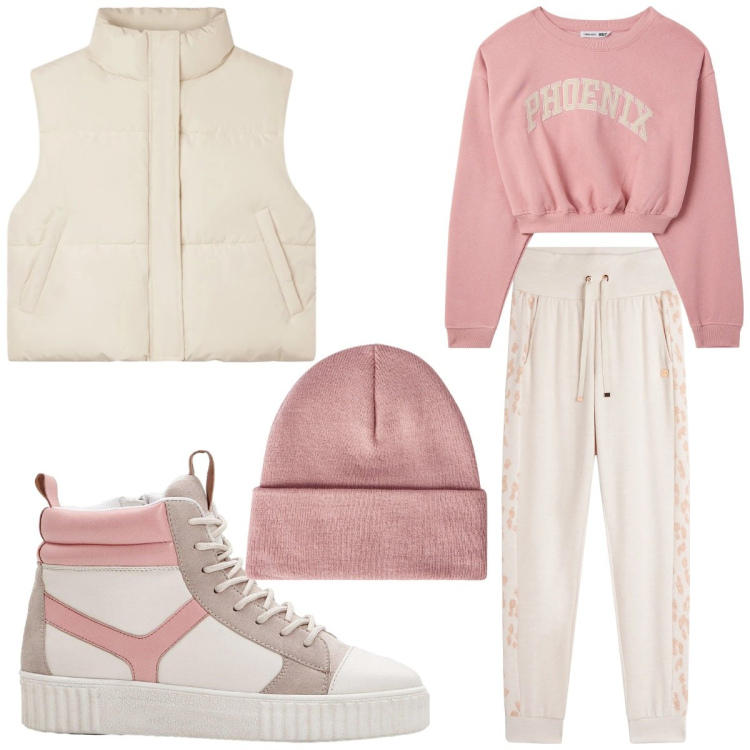 Outfit donna - Total look #2319306. Stile Sporty chic per Tutti i giorni. Abbinamento con pantaloni, piumini, felpe, berretti, sneakers alte.