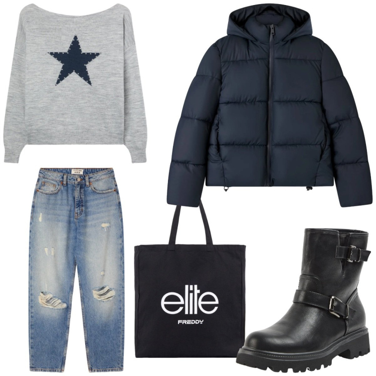 Outfit donna - Total look #2319307. Stile Casual per Tutti i giorni. Abbinamento con maglieria, jeans mom, stivaletti, bomber, shopping bag.