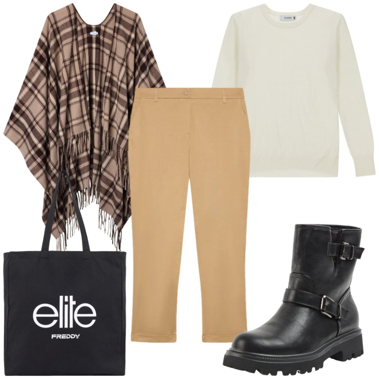 Outfit donna - Kntiwear oversize con la mantella. Stile Trendy per Tutti i giorni. Abbinamento con cappotti, stivaletti, maglieria, shopping bag, pantaloni chino.