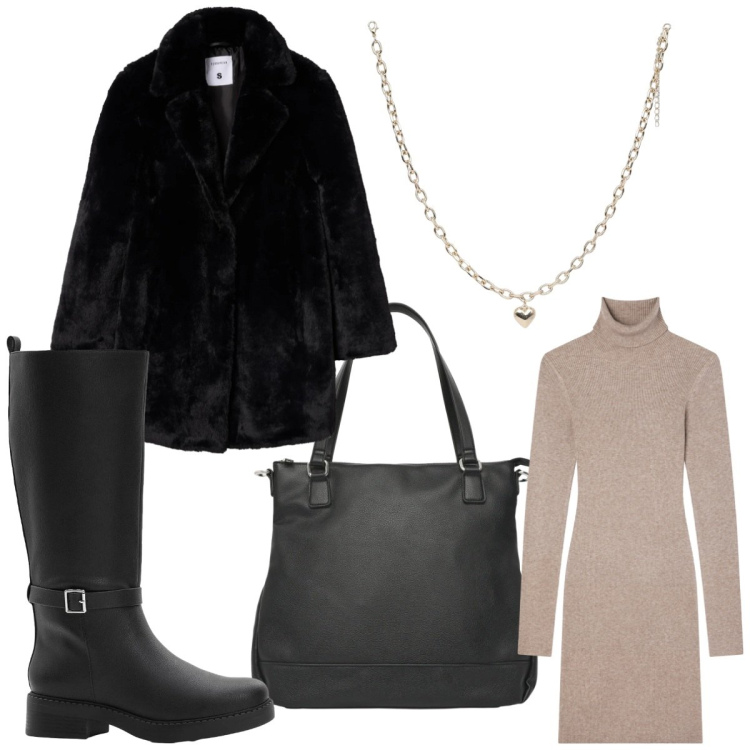 Outfit donna - Total look #2319309. Stile Casual chic per Serata fuori. Abbinamento con stivali, cappotti, collane, shopping bag, vestiti corti.