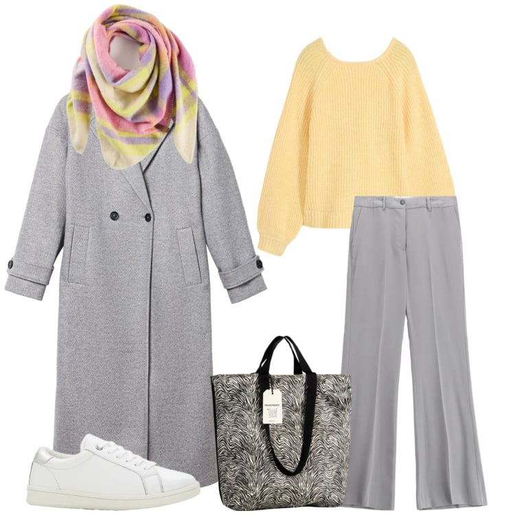Outfit donna - Total look #2319311. Stile Casual chic per Tutti i giorni. Abbinamento con maglieria, sciarpe, sneakers, borse tote, cappotti, pantaloni.