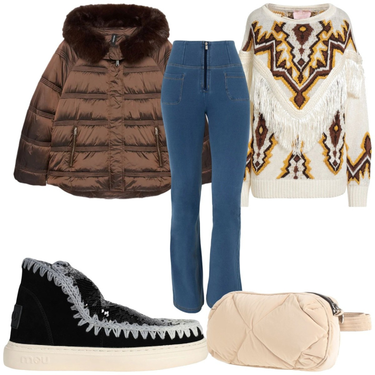 Outfit donna - Kntiwear oversize: etnico. Stile Etnico per Tutti i giorni. Abbinamento con stivaletti, marsupi, pullovers, jeans, piumini.