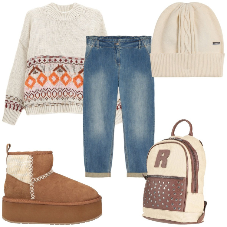 Outfit donna - Kntiwear oversize: sulla neve. Stile Trendy per Tutti i giorni. Abbinamento con zaini, stivaletti, maglieria, berretti, jeans.