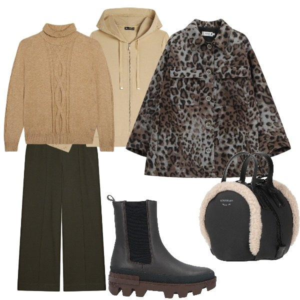 Outfit donna - freddo. Stile Sporty chic per Tutti i giorni. Abbinamento con zaini, stivaletti chelsea, cappotti, felpe con cappuccio, maglieria, pantaloni.