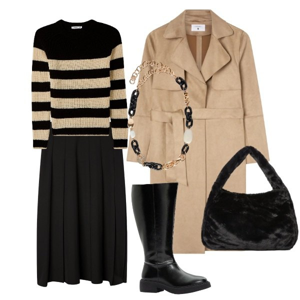 Outfit donna - in ufficio. Stile Casual chic per Tutti i giorni. Abbinamento con stivali, gonne lunghe, maglieria, trench, borse a spalla, collane.