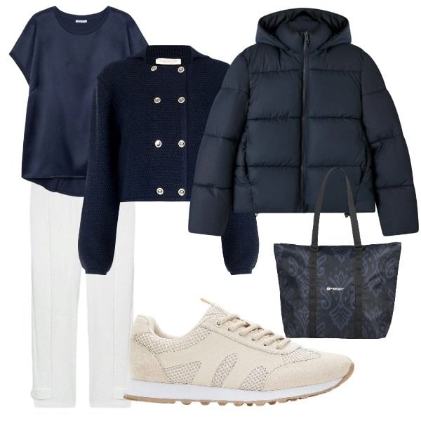 Outfit donna - blu e beige. Stile Casual per Tutti i giorni. Abbinamento con sneakers, bomber, shopping bag, blazer, pantaloni, bluse.