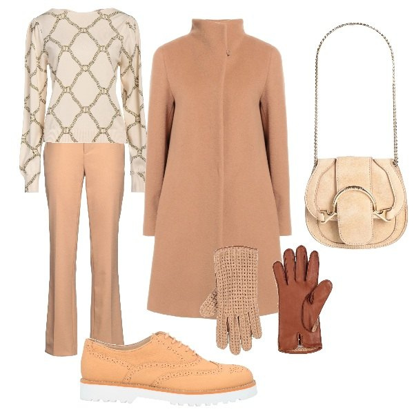 Outfit donna - caldi d\'inverno. Stile Casual chic per Ufficio. Abbinamento con cappotti, marsupi, guanti, pullovers, pantaloni, scarpe stringate.